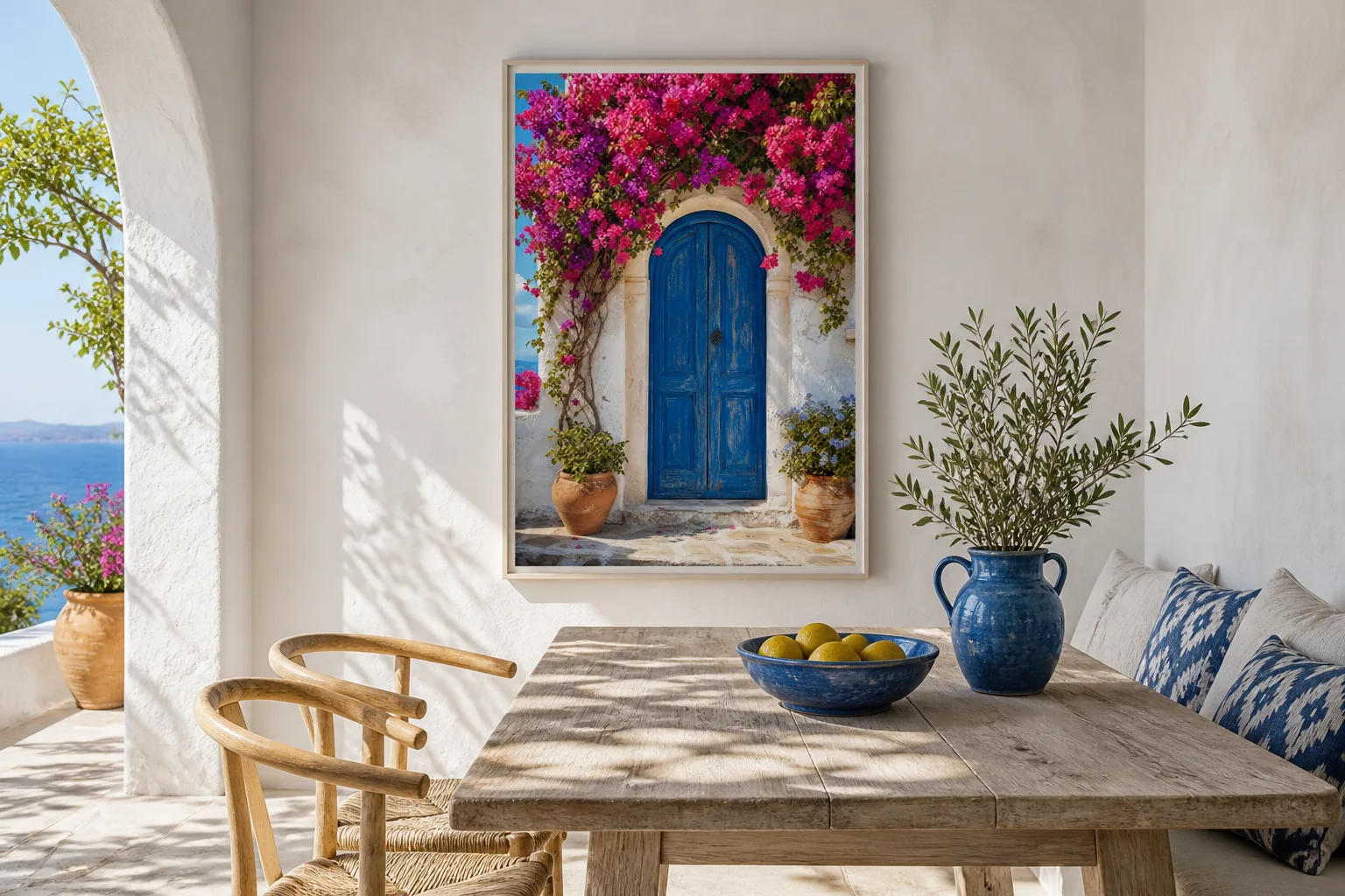 Mediterranean Blue Door Bloom wall art styled in a dining room