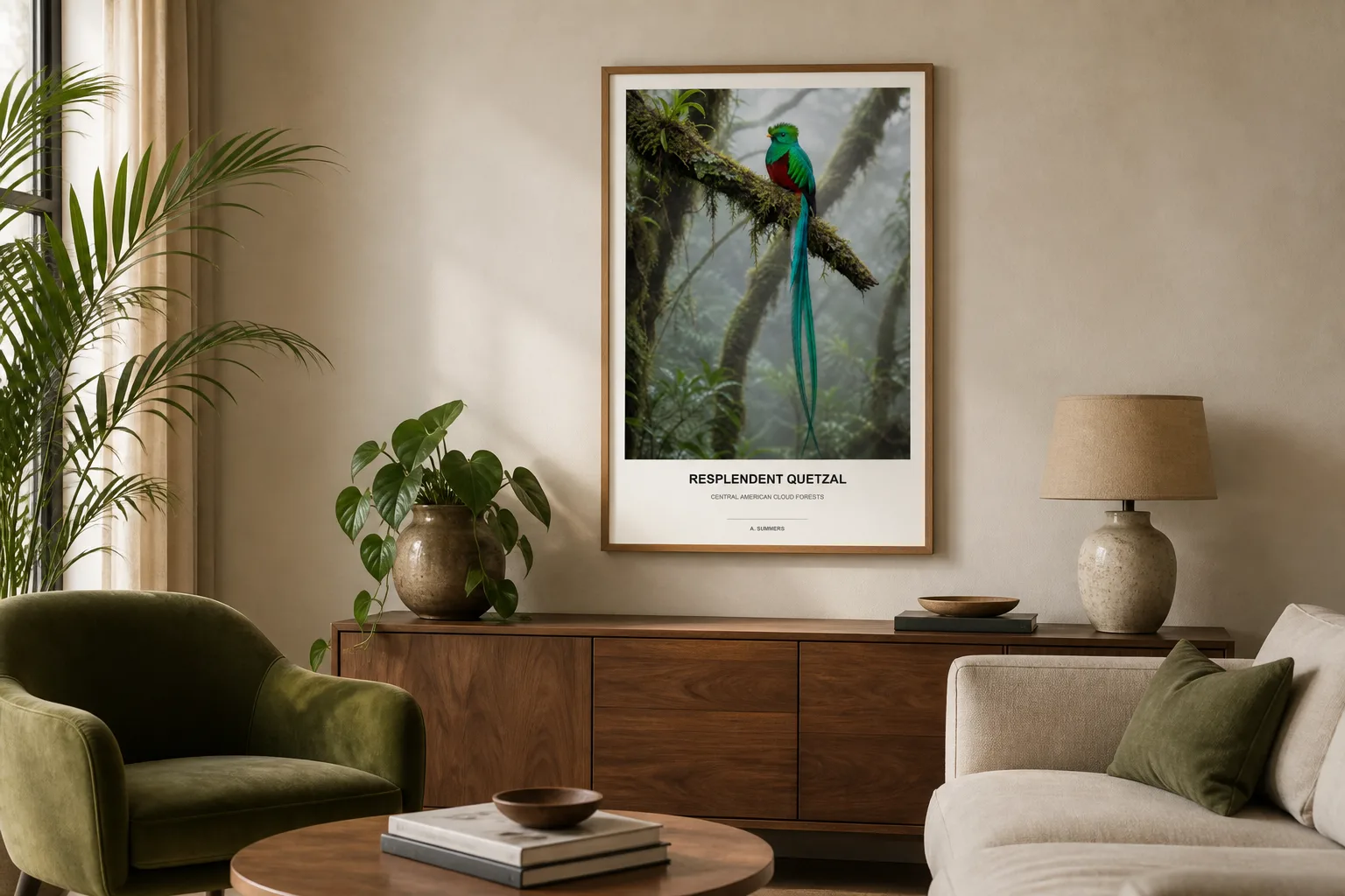 Resplendent Quetzal wall art styled in a living room